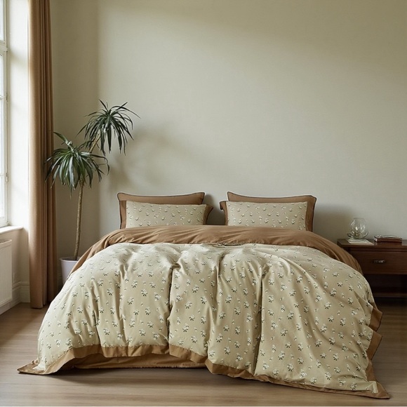 NEW Anthro Khaki Floral Vintage Queen / King Cotton Bedding Duvet & Sham Set